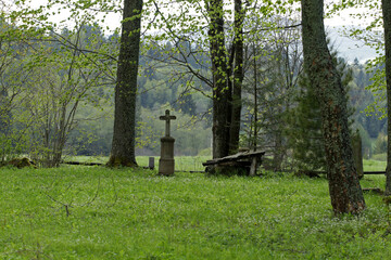 Old cemetery in Beniowa - former and abandoned village in Bieszczady Mountains, Poland 