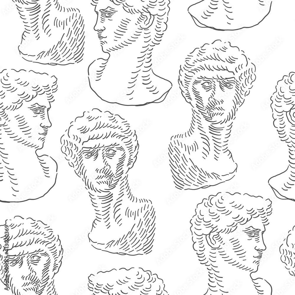 Aufkleber classical man head bust of david. seamless pattern. vector vintage themed background.