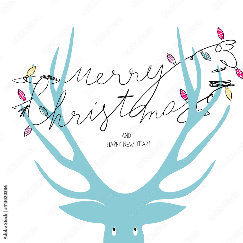 Wall mural Hand drawn illustratrion of tangled christmas garlands on deer horns. Merry Christmas typography. - Wall murals