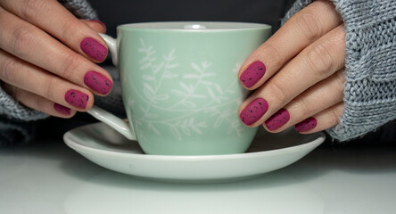 Nails Art Design. Hands With Manicure. Close Up Of Female Hands With Trendy Nails with decorations.