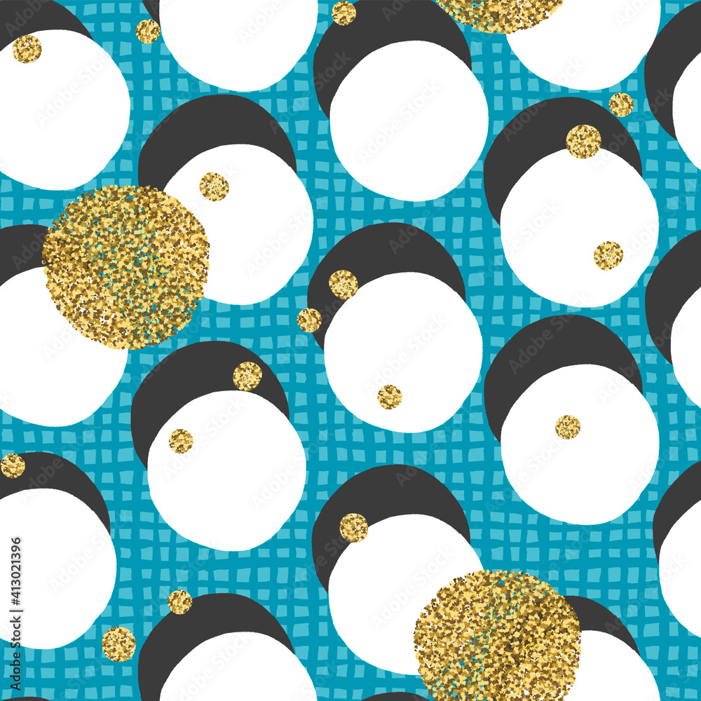 Poster hand drawn seamless cell pattern with golden dots on pink background. vector seamless background