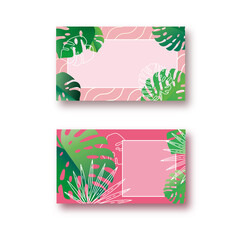 Set of cards with flowers. Business cards with monstera leaves 