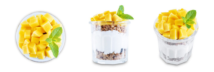Mango Greek yogurt granola parfait in a glass on a white isolated background