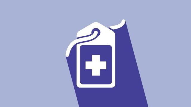 White Cross hospital medical tag icon isolated on purple background. First aid. Diagnostics symbol. Medicine and pharmacy sign. 4K Video motion graphic animation