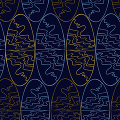 Seamless pattern with abstract geometric oval ornamental lined shapes on blue