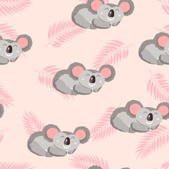 Naklejka premium Seamless pattern with cute koala baby and leaves on color background. Funny australian animals. Card, postcards for kids. Flat vector illustration for fabric, textile, wallpaper, poster, paper.
