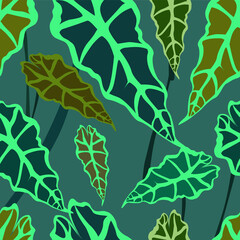 Tropical plant Alocasia creative seamless pattern.On a green background.