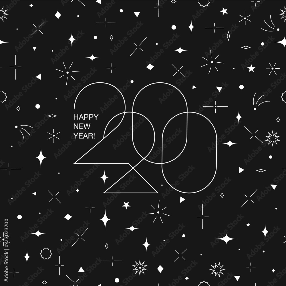 Poster Minimalistic Happy New Year Card. 2020 text and greetings on minimal geometric pattern