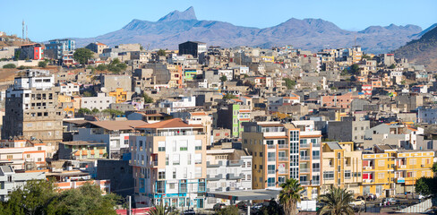 City view from Plato towards the western quarters. The capital Praia on the Ilha de Santiago, Cape...