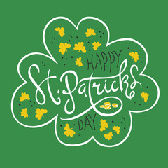 Happy Saint Patrick Day logo. Celebration design for March, 17th. Hand drawn lettering typography. Four leaf shape composition