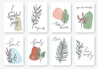 Cards with inspiration quotes and botanical illustrations. Vector minimalism art - 413024776