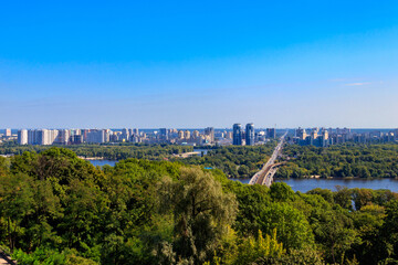 Fototapeta na wymiar Aerial view of Metro bridge and the Dnieper river in Kiev, Ukraine. Kyiv cityscape