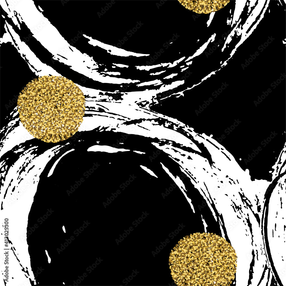 Aufkleber seamless abstract pattern with gold dots. background with brush painted black hand-drawn texture