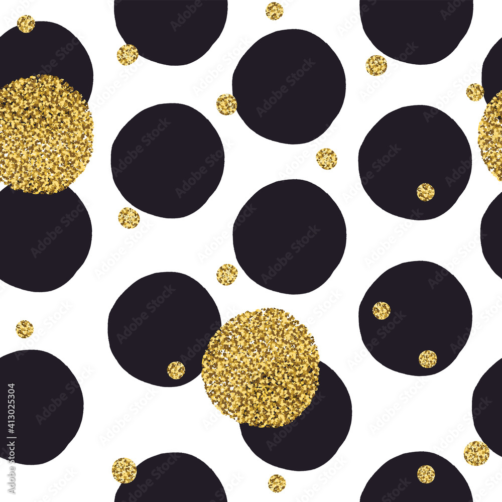 Poster Black dots seamless pattern and golden chaotic dots. Vector seamless background design.