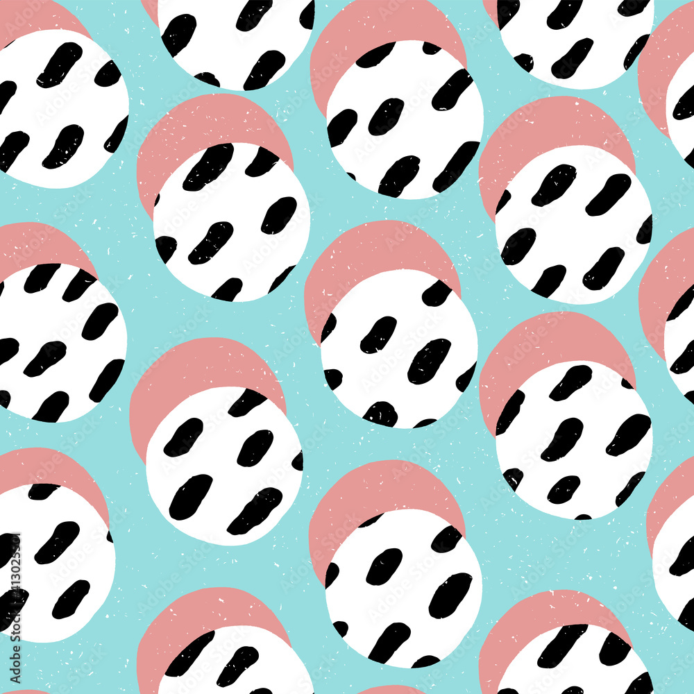 Poster pop-art style memphis themed seamless print. pink circles and brush strokes texture on textured back