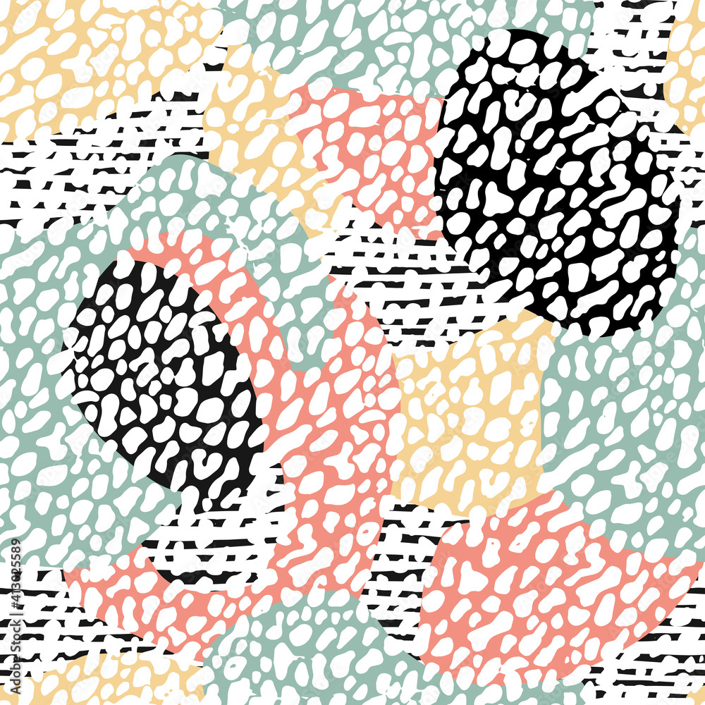 Poster Memphis style seamless pattern. Hand drawn elements in the retro style. Vector seamless background.