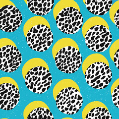 Pop-art style african seamless print. Yellow Circles and Leopard texture on Blue Background.