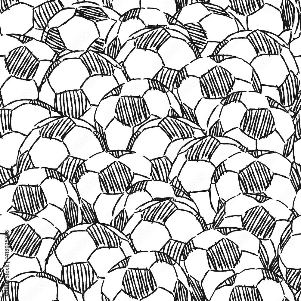 Poster A lot of Soccer balls scribbled. Background is fill over with balls. Seamless pattern, vector illustration.