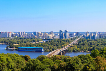 Aerial view of Metro bridge and the Dnieper river in Kiev, Ukraine. Kyiv cityscape