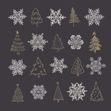 Snowflakes and Christmas trees and dark background. Habd drawn christmas elements set.