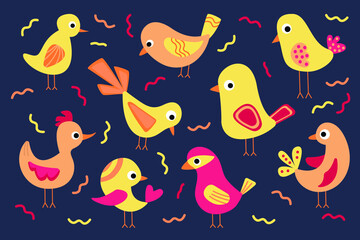 Beautiful birds set. Multicolored cartoon birds. Design element in flat style on a blue background. Vector illustration