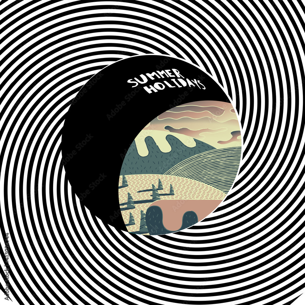Aufkleber the black and white stripes twisting into the tunnel form and hole through which a sunny mountains i