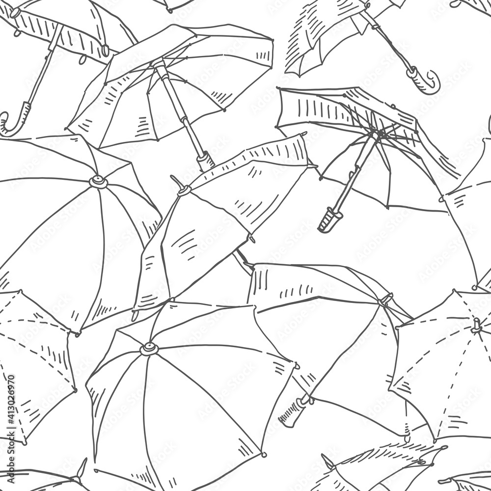 Poster umbrella seamless vector doodles background. rainy weather theme seamless pattern.
