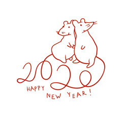 Two cute rats. Hand drawn illustration of Happy New Year. 2020 typography, composed by tails of rats.