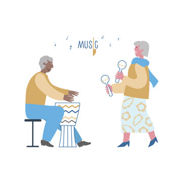 Stylish elderlies maracas, drum play. Seniors like and enjoy music in social club. Can use for web, banner, post. Lettering Music. Concept vector illustration.