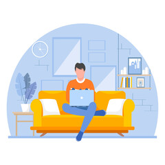 Home office concept. The man who works on the couch. Freelancer. 