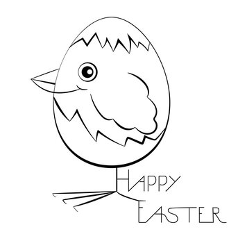 A chick hatched from an egg is painted in black, next to it is a lettering - Happy Easter. Stock vector illustration in outline style isolated on white background.