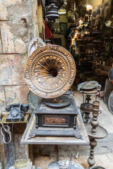 Africa, Egypt, Cairo. Antique phonograph outside of a shop in Cairo.