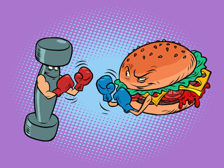 Dumbbell boxing against burger. Sports lifestyle versus harmful