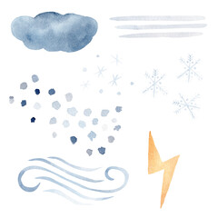 Watercolor clipart set with weather element. Cloud, raindrops, snowflakes, lighting bolt illustrations.