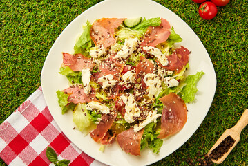 Salad with roasted ham and prosciutto on green grass background