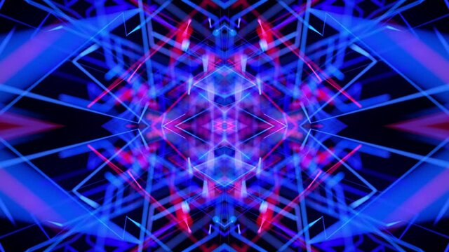 4k abstract bg with pattern of glow blue red lines. Abstract laser show. Pattern like geometric structure in the air. Kaleidoscopic simmetrical structure. VJ animation with lines for show