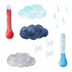 Watercolor thermometer, clouds, raindrops, snowflakes. Weather elements clipart set.