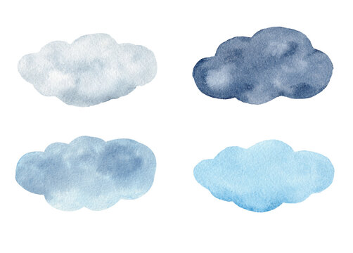 Hand painted watercolor cloud clipart set. Graphics for textile, fabric, scrapbooking, DIY projects.