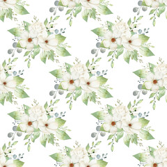 Watercolor white flowers digital paper. Aquarelle floral illustration for textile, fabric, invitation, wedding.