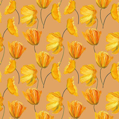 Fototapeta na wymiar Hand-drawn gouache floral seamless pattern with the yellow poppy flowers on yellow background, Natural repeated print for textile, wallpaper.