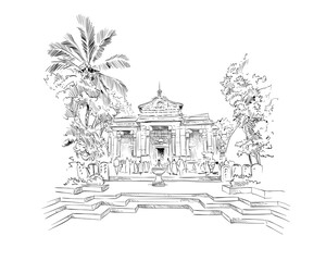 Kelja Raja Maha Viharah. Sri Lanka. Colombo. Buddhist temple in Celania. Hand drawn vector illustration.