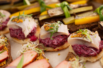 Various types of canapes with vegetables, fish and meat.
