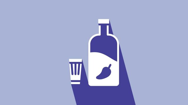 White Vodka with pepper and glass icon isolated on purple background. Ukrainian national alcohol. 4K Video motion graphic animation