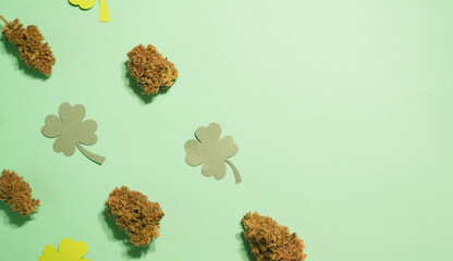 Saint Patrick's Day pattern. Cannabis buds with four leaf clover pattern. Copy space. 