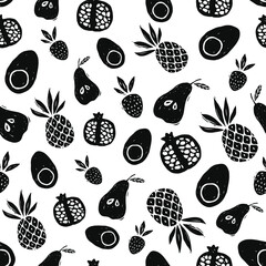 Avocado, pineapple, strawberry, pear, pomegranate seamless pattern for print, fabric and organic, vegan, raw products packaging. Texture for eco and healthy food. Seamless vector pattern with fruits