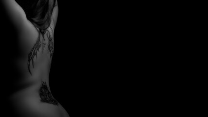 Nude woman with a tattoo on her back, with her arms raised, at the edge of the frame, plain wallpaper