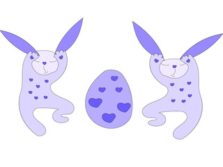 Two Cute Easter Bunnies and egg - Happy Easter