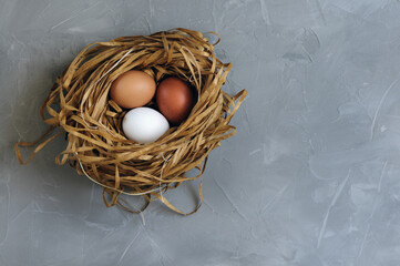 Three eggs of different colors in the nest. Easter decoration with copy space. Top view