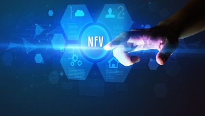 Hand touching NFV inscription, new technology concept