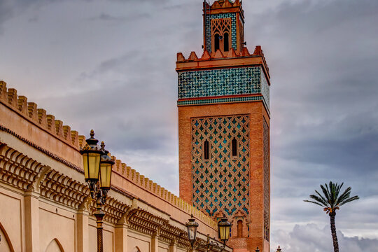 Close up details of the minaret of the Kasbah Mosque in Marrakech